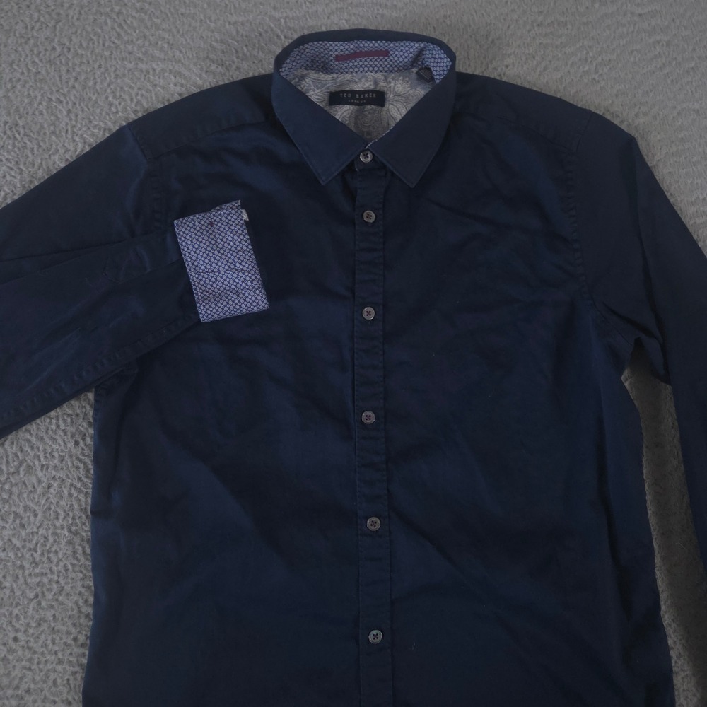Ted Baker Shirt Mens 2 S Navy‎  Button Down Cotton Stretch Flip Cuff Designer